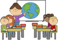 This is a picture of boys and girls sitting in chairs while their teacher points to a globe.